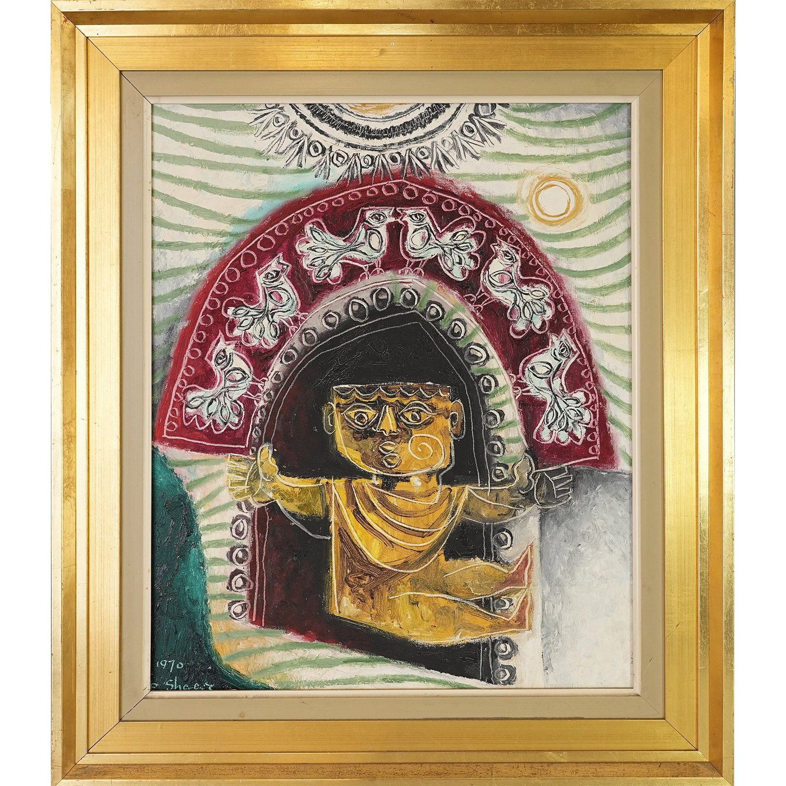 Pinchas Shaar (Israeli, 1923-1996), Bird Catcher : Pinchas Shaar (Israeli, 1923-1996), Bird Catcher, 1970, oil on canvas, signed lower left, image: 18.9"h x 14.96"w (48 x 38 cm), overall (with frame): 24.8"h x 20.87"w (63 x 53 cm) Provenance: Kunst Ga