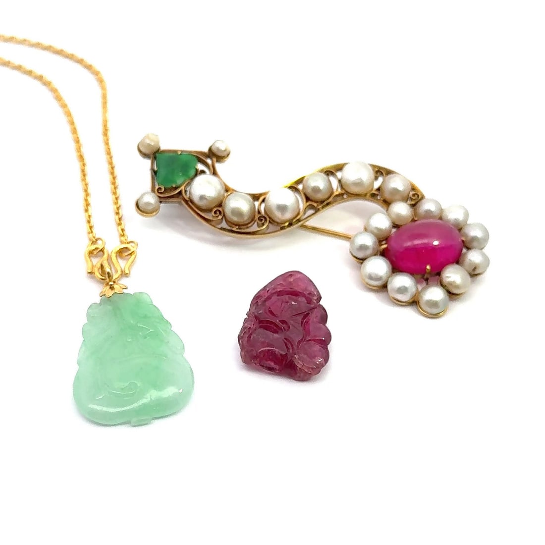 A Miscellaneous Group of Jewelry: (lot of 3) A miscellaneousgroup of jewelry, including one 24k gold and jadeite necklace, one small tourmaline pendant, and one pear, tourmaline and jadeite brooch. Necklace:8.07"l (20.5 cm); jadeite p