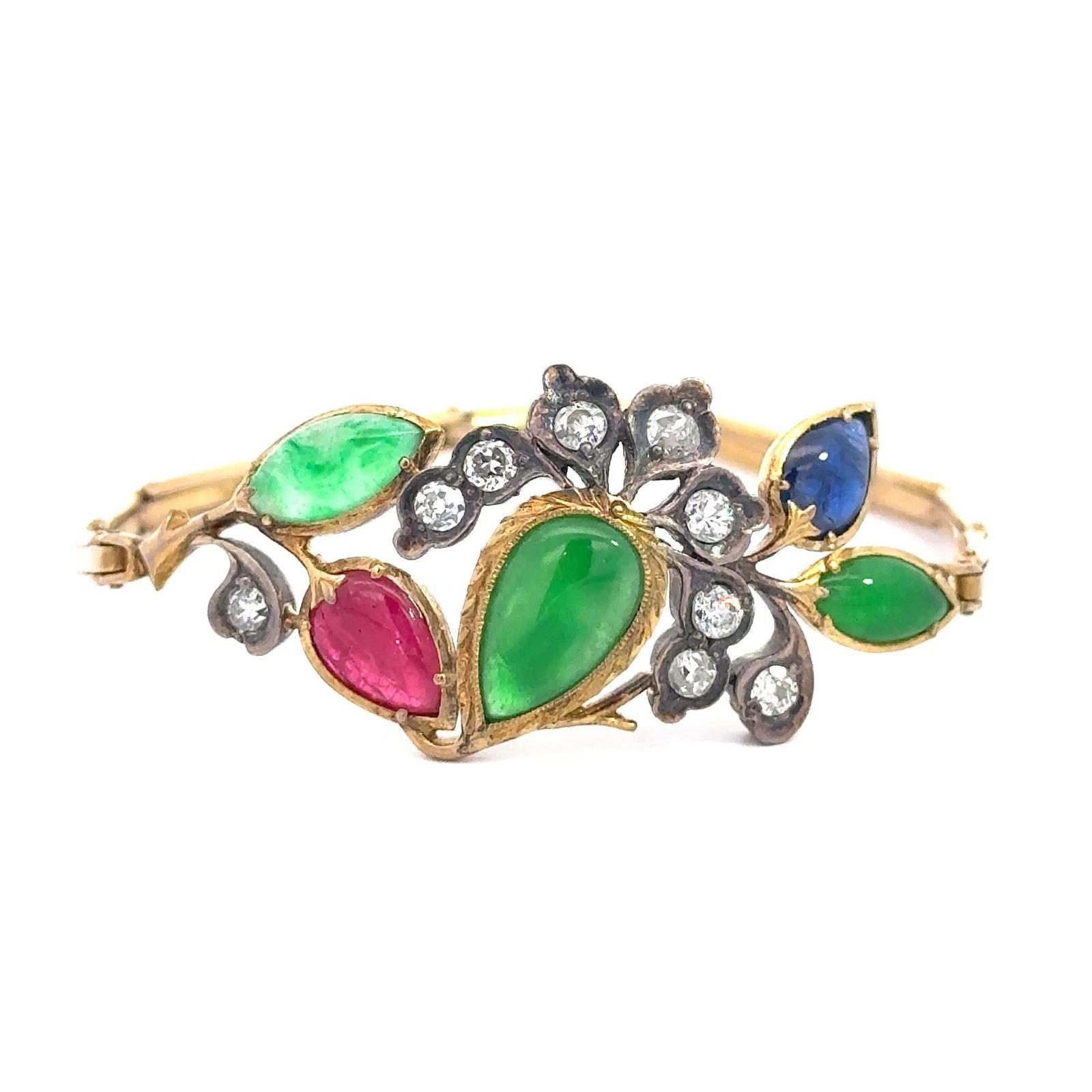 Precious Stone Inset Bangle : Precious stone inset bangle, 2.17"d (5.5 cm), 10.1 gross grams. Provenance: The exquisite Jewelry collection of Madame Yen Chia-Kan, the former first lady of Taiwan.