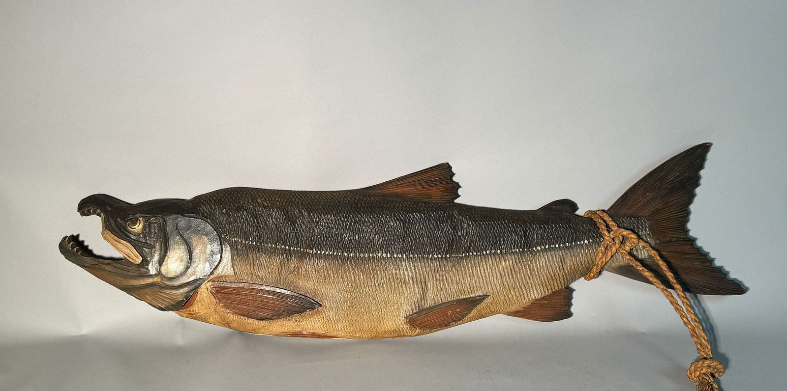 Japanese Carved Wood Salmon with Polychrome Decoration Signed: Japanese carved wood salmon with polychrome decoration, signed, with one piece of wood and polychrome decorated, back has calligraphy in Japanese, dated 47th year of Showa, 1972. Lower jaw of the fish