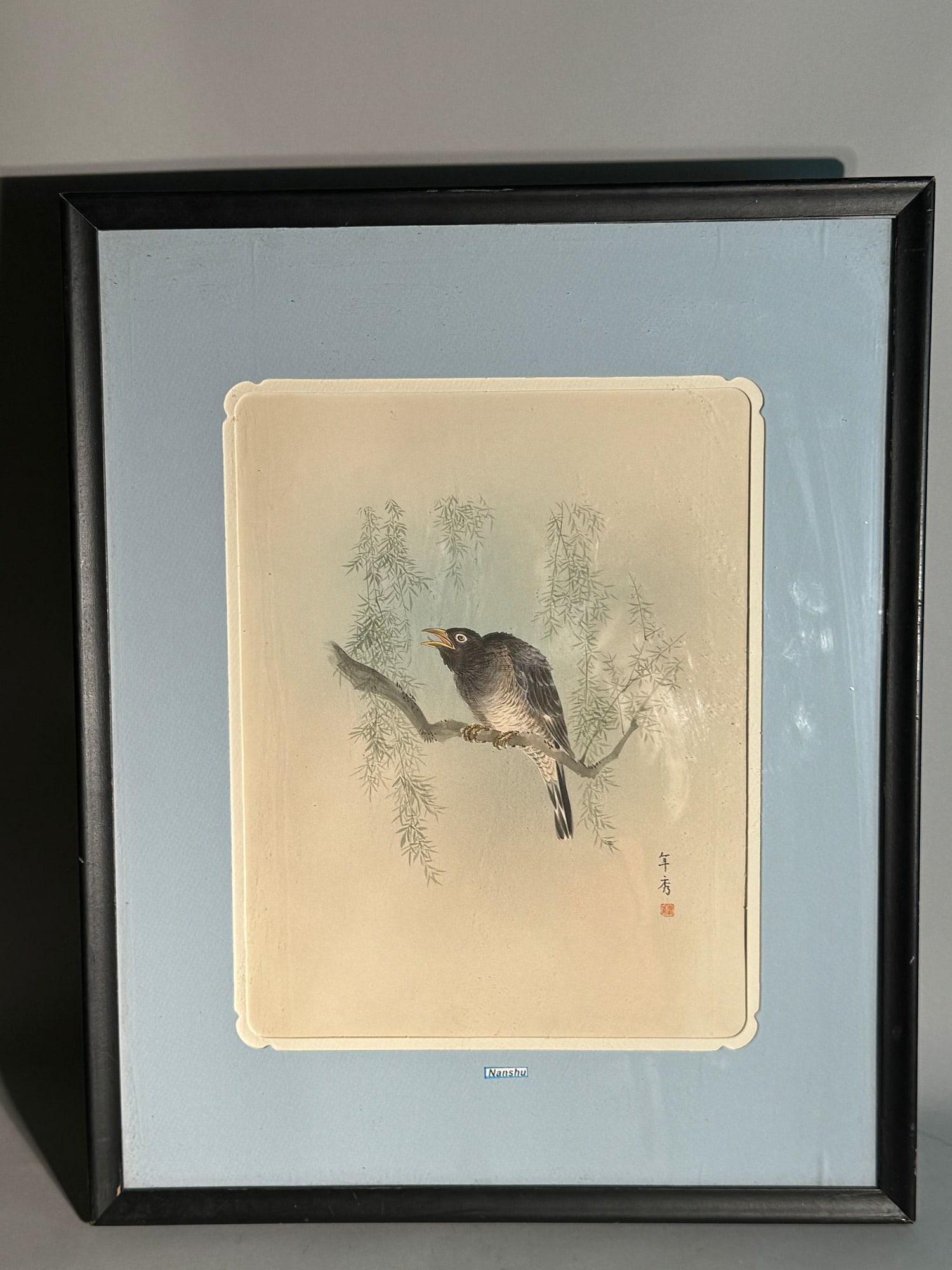 Nanshu (Japanese 20th Century), Water Color Painting of Crow: Japanese 20th century water color painting by Nanshu, crow scene. 10.5" x 13.5" (26.67 x 34.29 cm); with frame: 17" x 21.5" (43.18 x 54.61 cm) NOTE: THIS ITEM IS IN OUR NEW YORK WAREHOUSE WHERE WE OFF