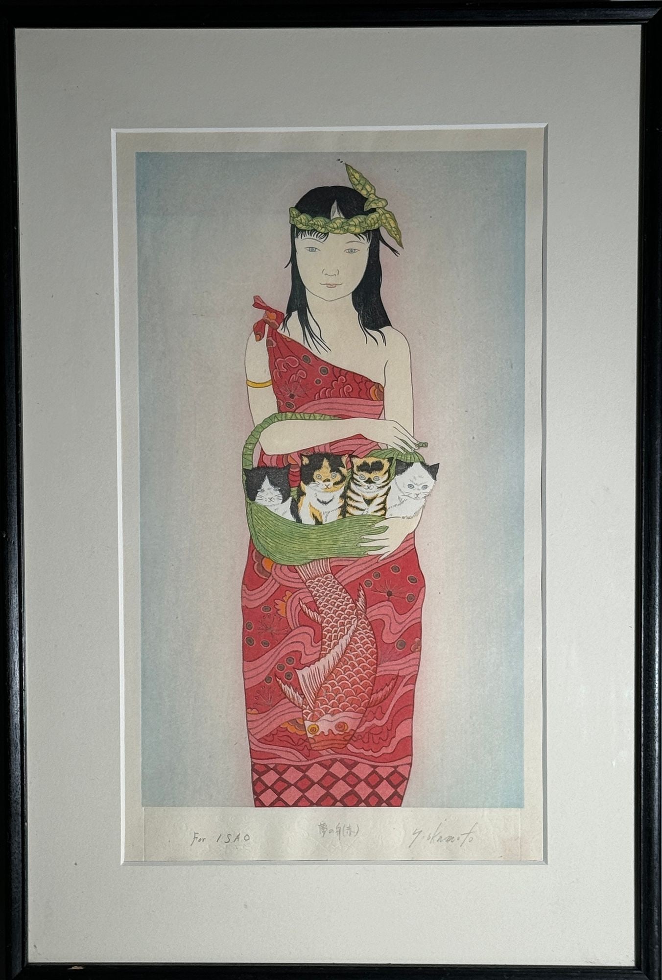 Okamoto Ryusei (Japanese b.1949.), Woodblock Print, Meiji Period: Okamoto Ryusei (Japanese b.1949.), Japanese Meiji period woodblock print. Print: 9.65"l x 16.5"h(24.51 x 41.91 cm); with frame 17"lx 25"h(43.18 x 63.5 cm) NOTE: THIS ITEM IS IN OUR NEW YORK WAREHOUSE 