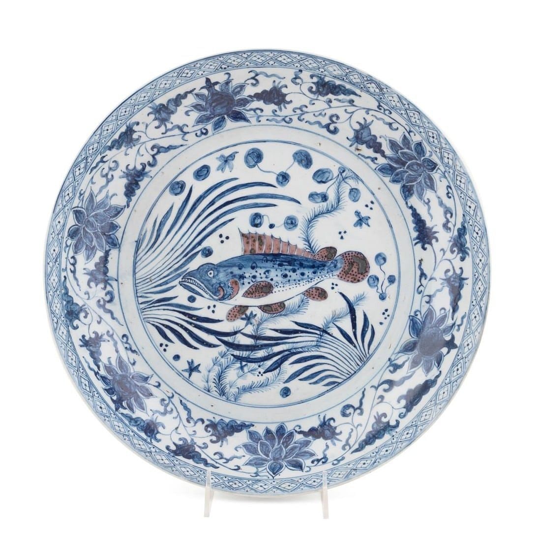 Large Chinese Blue and White Charger, Probably 19th Century: Chinese large blue and white charger, center fish motif with red pigments, apparently unmarked, probably 19th century. 2.6"h x14.5"dia. (6.5 x 37 cm) Provenance: From an estate in Atlanta, GA