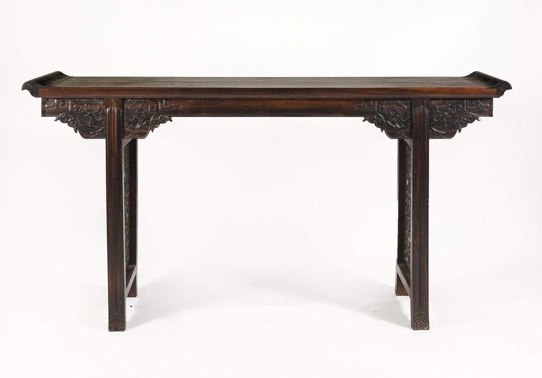 Chinese Ming Style Zitan and Hardwood Recessed Leg Table, Qing Dynasty: Chinese Ming Style Zitan and Hardwood Recessed Leg Table, Qing Dynasty Height: 32 1/2 inches Length: 50 inches Depth: 17 3/4 inches Condition: minor wear, good condition overall