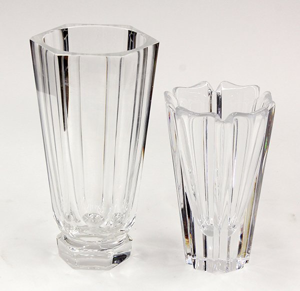 (lot of 2) Orrefors vases: (lot of 2) Orrefors vases. One having a tapered hexagonal body continuing to the inswept waist and rising on a conforming faceted footed base 7.5"h, the second accented with a scalloped rim above the 