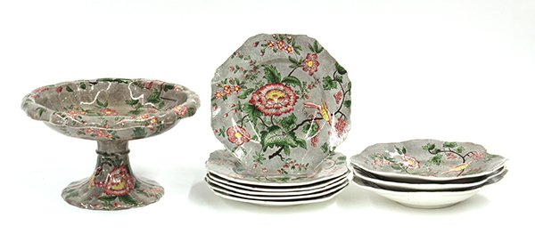 (lot of 10) Spode porcelain dessert service: (lot of 10) Spode porcelain dessert service. Executed in the 'New Fayence' and having a flora and fauna decorated body consisting of (3) scalloped bowls, (6) plates, and one footed compote 6"h x 10.5"