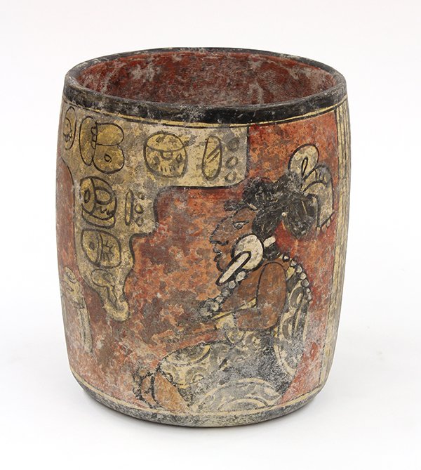 Pre-Columbian style codex vessel: Pre-Columbian style codex vessel, of cylindrical form, the polychrome decorated body with a central reserve depicting two seated figures, a male and female, centered with alternating friezes, 7.5"h x 