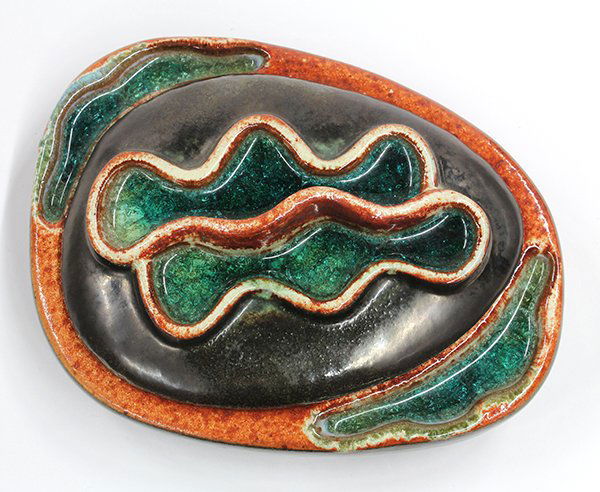 Mid Century Design Technics ceramic covered vesse: Mid Century Design Technics ceramic covered vessel, executed in mixed glazes, the organic form with emerald crystalline reserves rising on a conforming footed base, incised Design- Technics above DT l