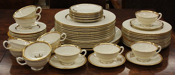 Lenox "Westfield" pattern service for 12: (lot of 63) Lenox "Westfield" pattern service for 12 including: (13) dinner plates 10.5", (12) salad plates 8.25", (12) bread and butter plates 6.25", (12) teacups with saucers, and two round serving 