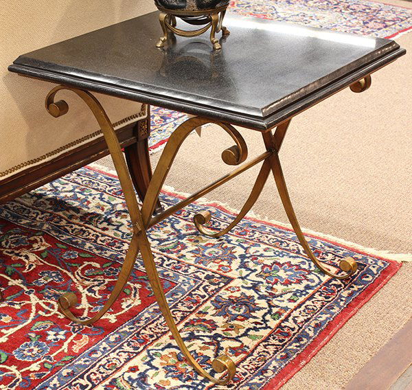John Richard occasional table: John Richard occasional table, the noir marble top having a graduated edge above an X form patinated metal base terminating on upswept feet, 27"h x 25"d x 25"w Provenance: From the Design Center Showr