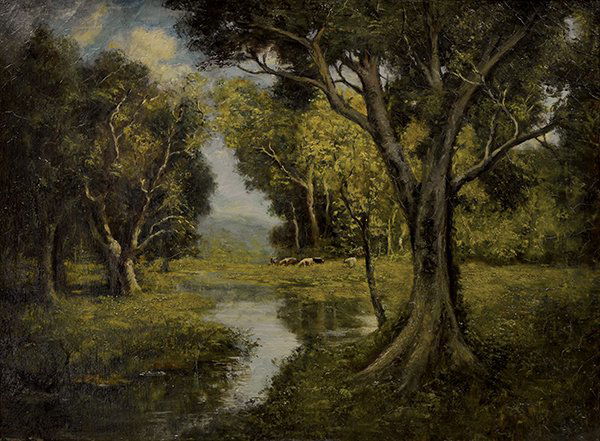 Painting, William Keith, The Clearing: Framed oil on canvas, The Clearing, byWilliam Keith (Californian, 1838-1911), signed lower left, canvas: 22.5"h x 30"w, overall: 30"h x 37"w