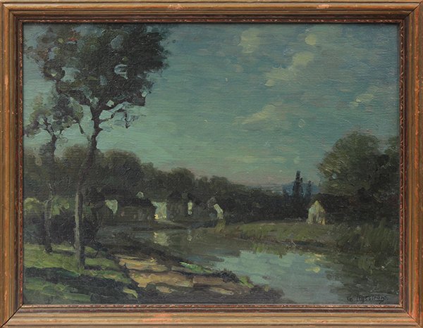 Painting, Gustav F. Liljestrom, Blue Landscape: Framed oil on board, Blue Landscape, by Gustav F. Liljestrom (Swedish/Californian, 1880 - 1958), signed lower right, sight: 12"h x 15.5"w, overall: 17.75"h x 13.75"w