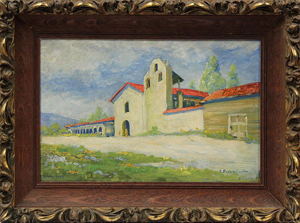 Painting, Eugene Franquinet, Mission Santa Inez: Framed oil on board, "Mission Santa Inez," by Eugene Pierre Franquinet (Californian, 1875-1940), signed lower right, titled lower left, board: 8.25"h x 12.25"w, overall: 12"h x 16"w
