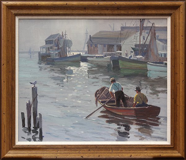Painting, Charles Gordon Harris, Lobstermen leav: Framed oil on canvas, Lobstermen leaving the Harbor, by Charles Gordon Harris (American, 1891-1963), sight: 29"h x 23.75"w, overall: 25"h x 29.5"w