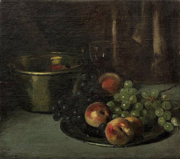 Unframed oil on canvas,attributed to William Merr: Unframed oil on canvas, Still Life with Peaches and Grapes, attributed to William Merritt Chase (American, 1849-1916), overall: 16''h x 18''w. Provenance: Estate of the artist, William Brantley Smith 