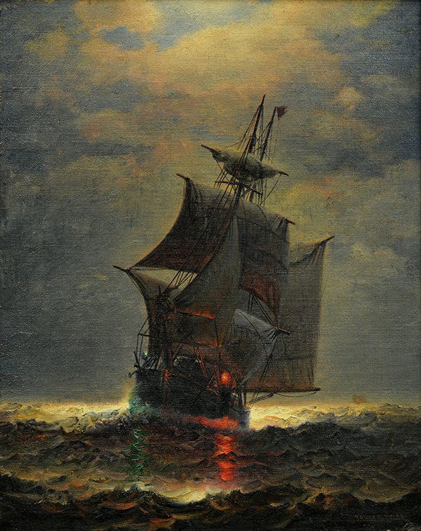 Painting, James Gale Tyler, Full Sail at Twilight: Framed oil on canvas, Full Sail at Twilight, by James Gale Tyler (American, 1855-1931), signed lower right, canvas: 20"h x 16.25"w, overall: 25.5"h x 21.75"w