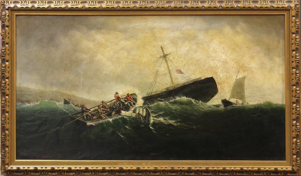 Framed oil on canvas, Shipwreck, 1867, by William: Framed oil on canvas, Shipwreck, 1867, by William Edward Norton (British/American, 1843-1916), signed and dated ''Wm. E. Norton '67'' lower left, canvas: 27''h x 50''w, overall: 32.5''h x 55.25''