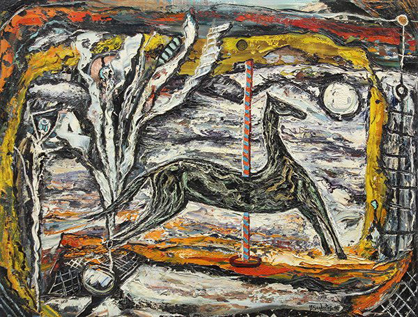 Painting, Howard Schleeter, Carousel Renegade: Unframed oil on board, "Carousel Renegade," 1948, by Howard Schleeter (American, 1903 - 1976), signed "HB Schleeter," and dated "'48," lower right, overall: 20"h x 26"w. Provenance: From the Estate of