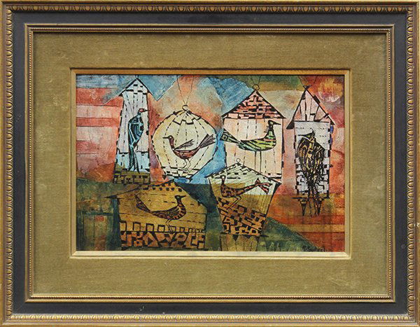 Framed oil on imitation gold and aluminum leaf, b: Framed oil on imitation gold and aluminum leaf, "Birds in Cages," 1958, by Howard Schleeter (American, 1903 - 1976), signed "HB Schleeter," and dated "'58," lower right, sight: 9"h x 13.5"w, overall: