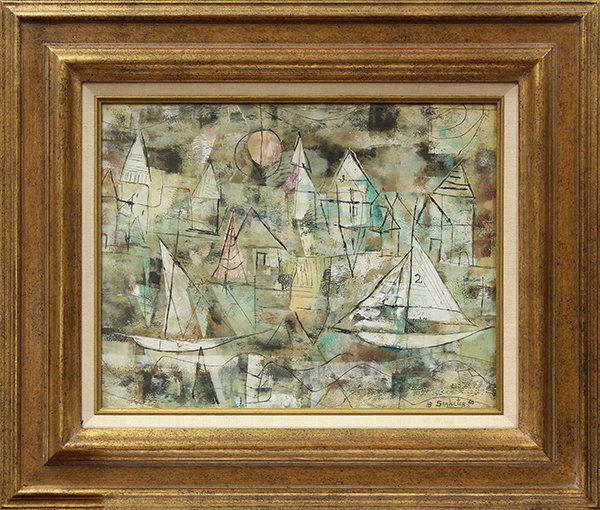 Painting, Howard Schleeter, Moonlit Bay: Framed oil and mixed media monoprint on panel, "Moonlit Bay," 1960, by Howard Schleeter (American, 1903-1976), signed "HB Schleeter" and dated "'60" lower right, sight: 13.75"h x 17.75"w, overall: 23"