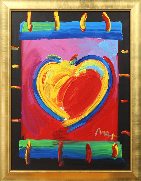 Framed acrylic on canvas, "Valentine", by Peter: Framed acrylic on canvas, "Valentine", by Peter Max (American, b.1937), 1999, canvas: 40"h x 30"w, overall: 45.5"h x 35.5"w. Accompanied by Galerie Concorde certificate