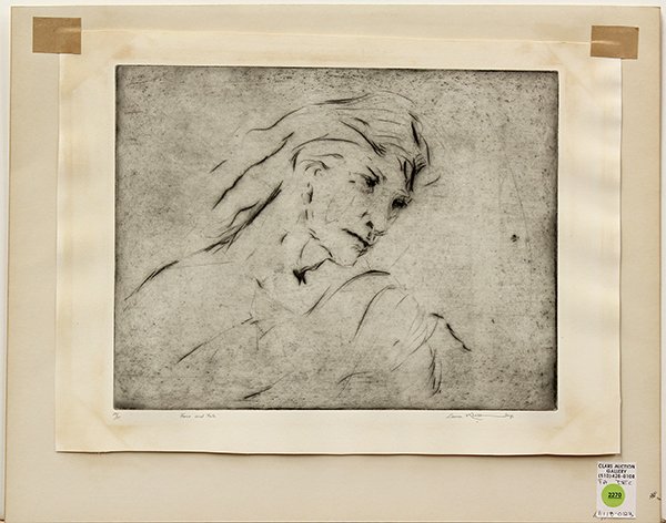 Etching, Gene Kloss, Force and Fate: Unframed etching, "Force and Fate," by Gene Kloss (American, 1903-1996), pencil signed, numbered and titled within lower margin, plate: 10.75"h x 13.75"w, overall: 13.5"h x 17.75"w