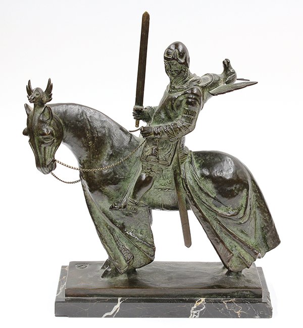 Bronze, Warrior on Horseback: Bronze sculpture on a marble base, Norse Warrior on Horseback, signed "DR" on base, (Continental School, 19th/20th century), overall: 14"h x 11"w x 4.5"d