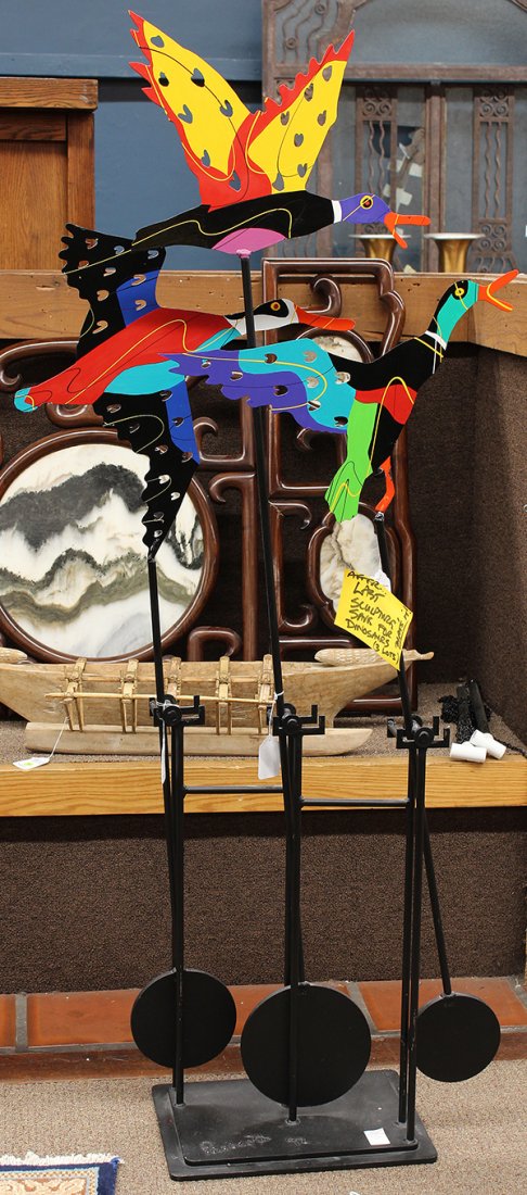 Hand-painted steel kinetic sculpture, Fredrick P: Hand-painted steel kinetic sculpture, "Duck City," 1992, by Fredrick Prescott (American, b. 1949), signed and dated on base, overall: 71"h x 45"w x 12"d. Provenance: Purchased by current owner at a Ne