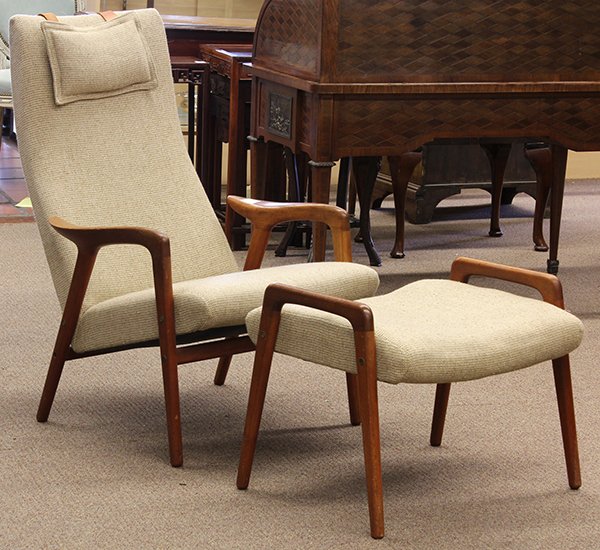 Yngve Ekstrom for Swedese lounge chair and ottoma: Yngve Ekstrom for Swedese lounge chair and ottoman, made in Sweden, each having bent continuous frames, the lounge chair with original head rest and signed with burned Swedese front stretcher, 39"h x 