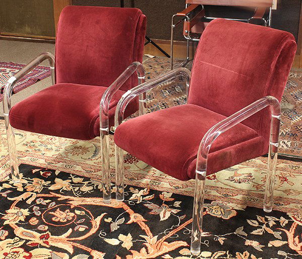 Pair of Moderne armchairs: Pair of Moderne armchairs, circa 1970, executed in the style of Jeff Messerschmidt, having a contoured back and seat centered by the acrylic supports, 33"h x 24"w x 24"d