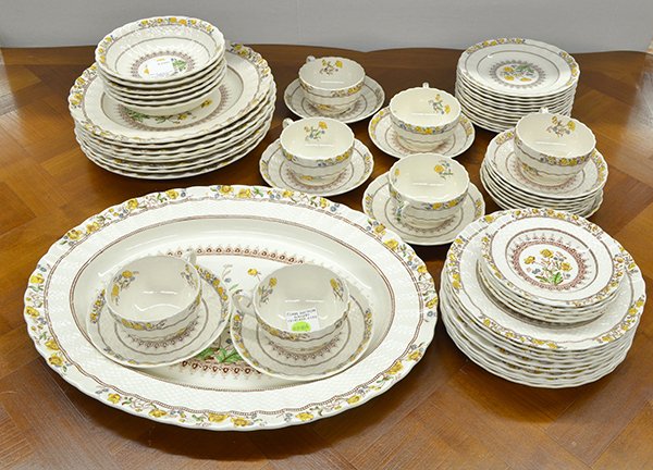 Spode "Buttercup" pattern partial service for ei: (lot of 63) Spode "Buttercup" pattern partial service for eight, including (8) dinner plates 10.5", (10) luncheon plates 7.75", (12) salad plates 8.5", (5) bread and butter plates 5.5", (6) soup bowls