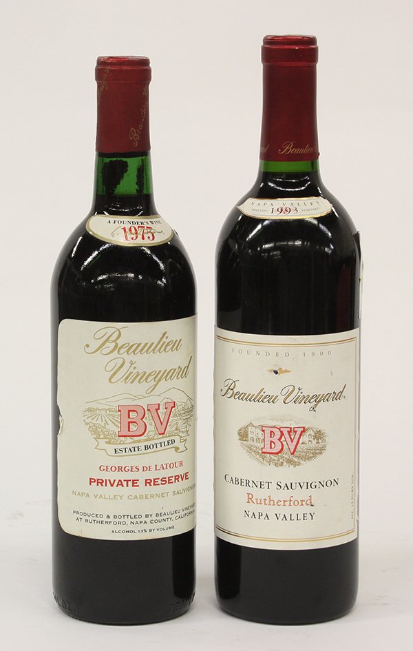 Beaulieu Vineyards group: (lot of 2) Bottles of wine, including 1975 Beaulieu Vineyard Georges De Latour Private Reserve Napa Valley Cabernet Sauvignon, and a 1993 Beaulieu Vineyard Rutherford Cabernet Sauvignon, each 750ml