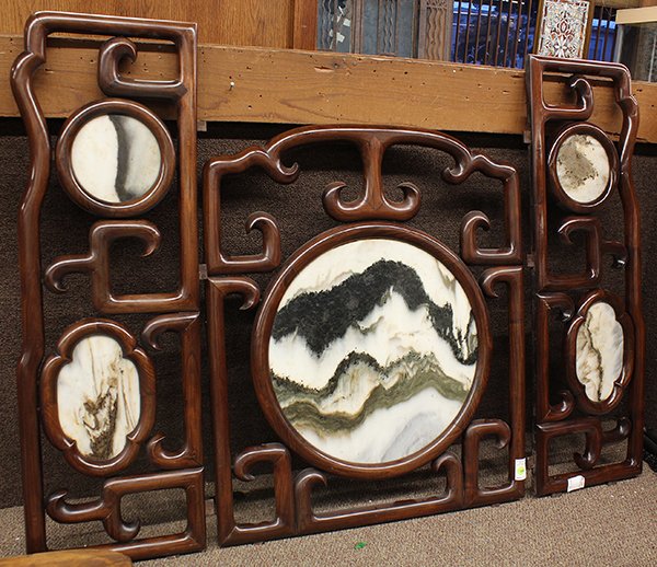 Chinese Marble Inlaid Wooden Panels: (lot of 3) Chinese marble inlaid wood panels, consisting of a large figured marble medallion of a stylized landscape scene framed within an openwork scroll frame; together with a pair of slender panel
