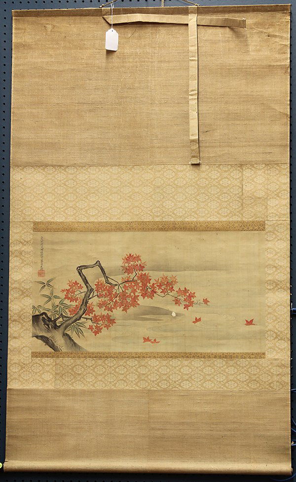 Japanese Painting, Tosa Mitsunari (maple), Maple: Japanese hanging scroll, ink and color on silk, Edo period, 'Falling Maples by the Stream', in the manner of Tosa Mitsunari/Fujiwara Mitsunari (Japanese, 1647-1710), the upper left bearing the court t