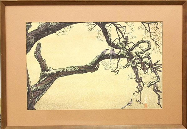 Japanese Print , Yoshida Toshi, Plum Tree and Bl: Framed Japanese modern woodblock print, 'Plum Tree and Blue Magpie', by Yoshida Toshi (Japanese, 1911-1995), lower right with the seal Toshi and Yoshida, lower margin with the title and signature, lef