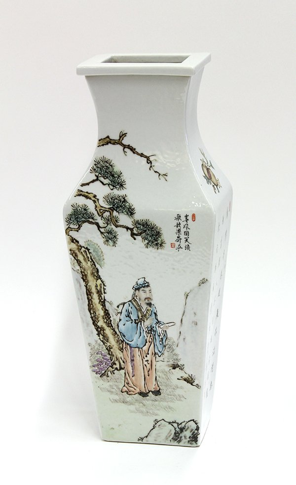 Chinese Enameled Rectangular Vase: Chinese polychrome enameled rectangular vase, of baluster form decorated with two figures in a landscape, inscribed with the cyclical date 'guiyou', bearing signature 'Wang Qi' and painted seals, the 
