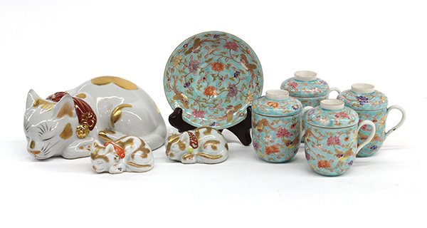 Japanese Fukagawa Porcelain& Kutani Cats: (lot of 8) Japanese Fukagawa porcelain four lidded coffee cups and a saucer, Meiji period, marked Fukagawa with an orchid on the base, decorated with flowers and birds on pale turquoise ground, with a