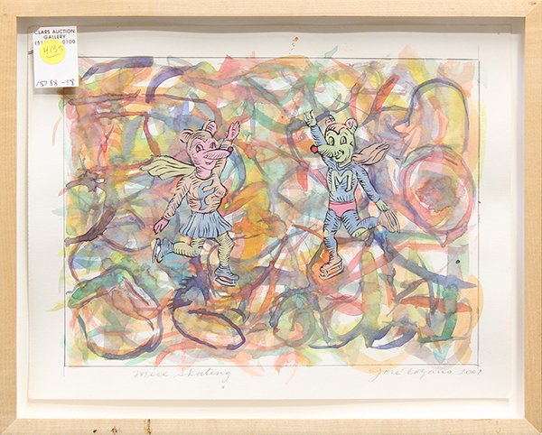 Watercolor, Jose Lozano, Mice Skating: Framed watercolor, ''Mice Skating,'' 2001, by Jose Lozano (American, Contemporary), signed and dated lower right, titled lower left, overall: 12.75''h x 15.75''w