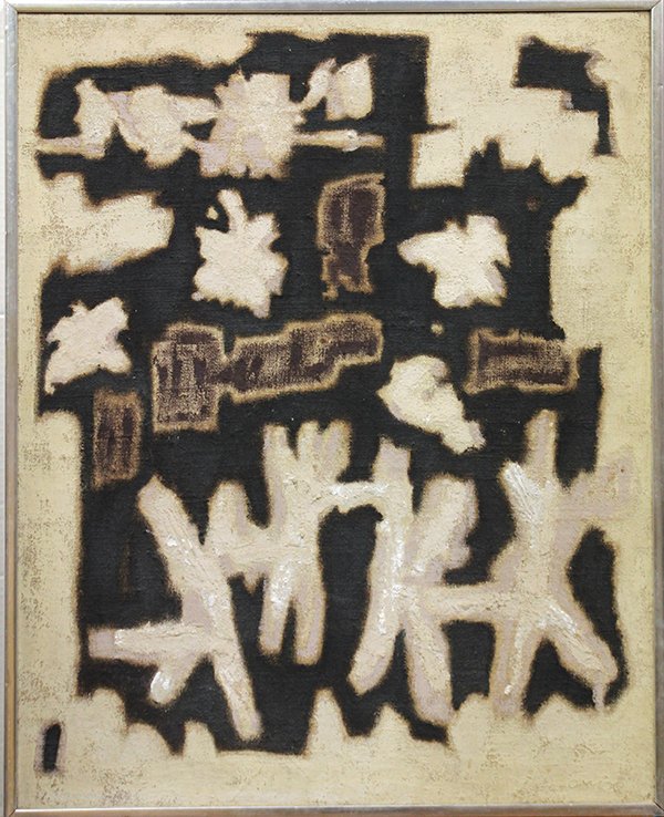Painting, European School, 20th century: Framed oil and enamel on canvas, ''Boogy-Woogy-Nice," European School (20th century), signed ''Oriso'' lower right, label verso: Private Collection of Jose Peeters, overall: 32.75"h x 26.5"w