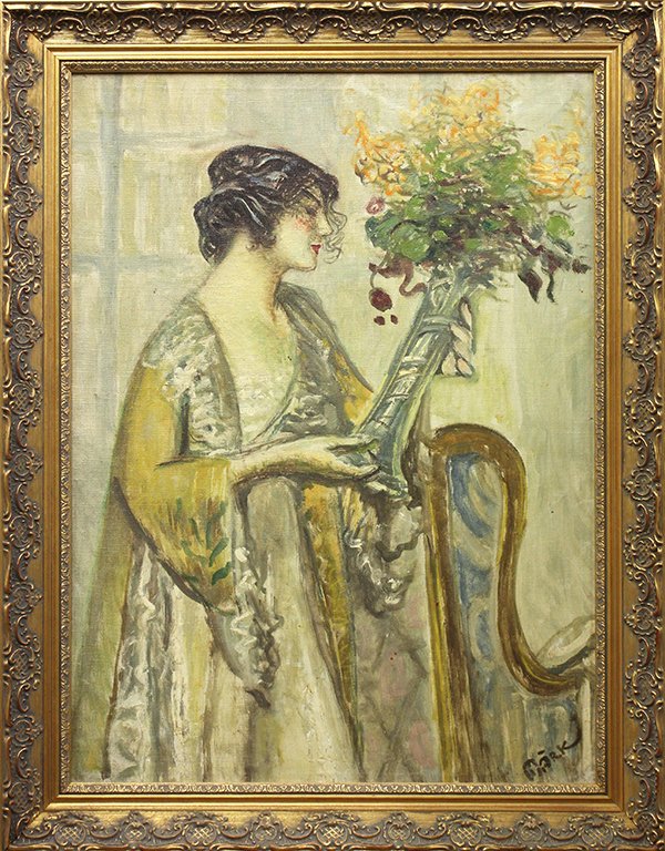 Painting, Lady in Yellow with Vase of Flowers, cir: Framed oil on canvas (mounted on masonite), Lady in Yellow with Vase of Flowers, circa 1922, Continental School (20th century), signed "Mark" lower right, overall: 36.5''h x 28.25"w. Provenance: From 
