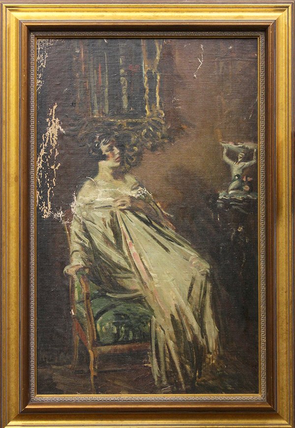 Painting, Study of Seated Woman, German School, 19: Framed oil on canvas (mounted on masonite), Study of Seated Woman, circa 1910, German School (20th century), unsigned, overall: 17.5''h x 27''w. Provenance: From the Estate of Bob Langell (Oakland, CA