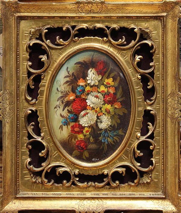 Pair of paintings by Jan Holt: (lot of 2) Pair of framed oils on panel, Still life with Flowers & Landscape with Figure by a Castle, Continental School (19th century), each signed ''Jan Holt'' lower center, overall (each): 12.5''h 