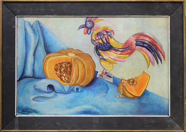 Painting, attributed to Gabriel Fernandez Ledesma: Framed oil on board, Still Life with Rooster and Melon, attributed to Gabriel Fernandez Ledesma (Mexican, 1900-1983), bears initials lower left, overall: 26"h x 37"w