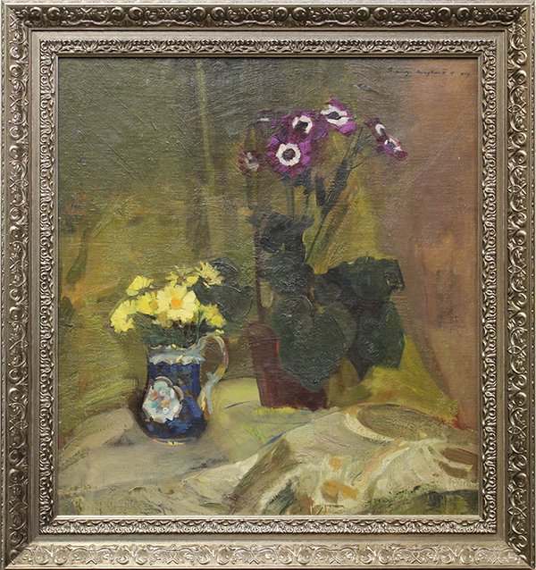 Painting, Still Life with Yellow and Magenta Flowe: Framed oil on board (mounted on masonite), Still Life with Yellow and Magenta Flowers, 1914, Continental School (20th century), signed indistinctly and dated upper right, overall: 30.5"h 28.5"w. Prove