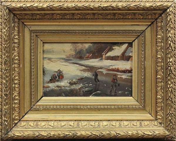 Painting, Figures Ice Skating, Dutch School,19th c: Framed oil on panel, Figures Ice Skating, Dutch School (19th Century), unsigned, panel: 7.5"h x 11.25"w, overall: 17"h x 21"w