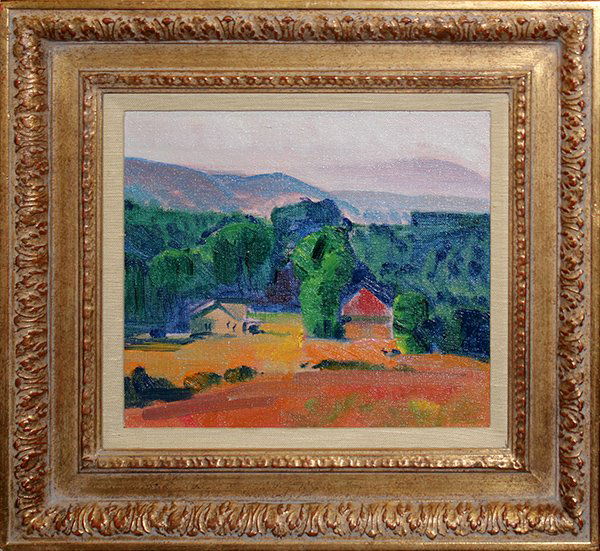 Painting, George Barker, Farm in the Mountains: Framed oil on canvas board, Farm in the Mountains, by George Edmund Barker (Californian, 1882-1965), artist estate stamped verso, overall: 15.5"h x 17"w