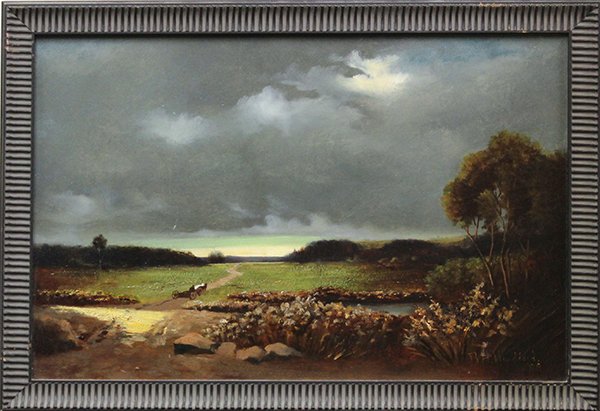 Painting, American Folk Art School,19th c.: Framed oil on panel, Approaching Storm, American Folk Art School (19th century), signed and dated "BH Woodford '85" lower right, overall: 13.75"h x 20.25"w