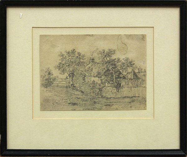Drawing, follower of Thomas Gainsborough: Framed pencil drawing on off-white laid paper, Landscape with Cottage, 18th century, follower of Thomas Gainsborough (British, 1727-1788), bears Montclair Art Museum, Montclair, New Jersey; John Nighl