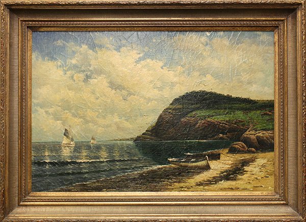 Painting, Boats Anchored in the Sand, Continental : Framed oil on board, Boats Anchored on the Sand, Continental School (20th century), sight: 24''h x 35.5''w, overall: 33''h x 45''w