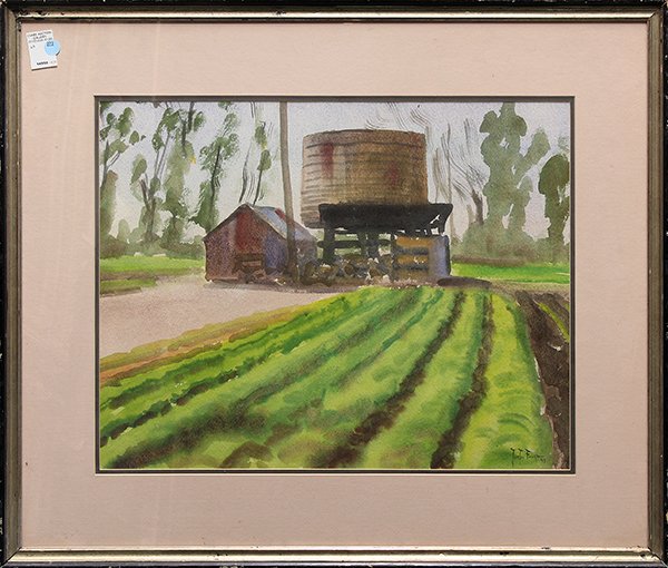 Watercolor, Justin Faivre: Framed watercolor, Vegetable Field Water Tower, 1949, by Justin Faivre (Californian, 1902-1990), signed and dated lower right, overall: 27.5''h x 32.25''w